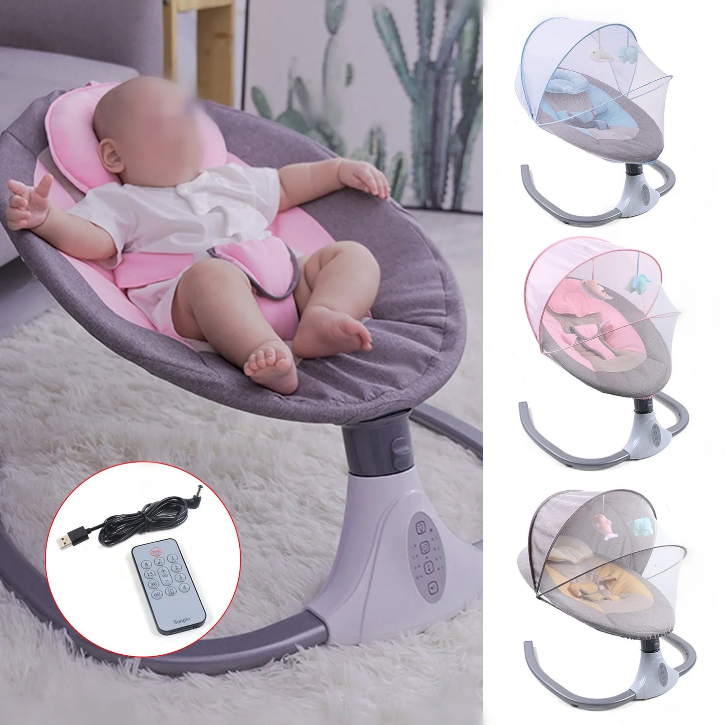 Electric Baby Swing Chair, 0-18 Months Baby Musical Rocking Cradle with Sunshade and Mosquito Net, 4-speed Rocking, with Remote