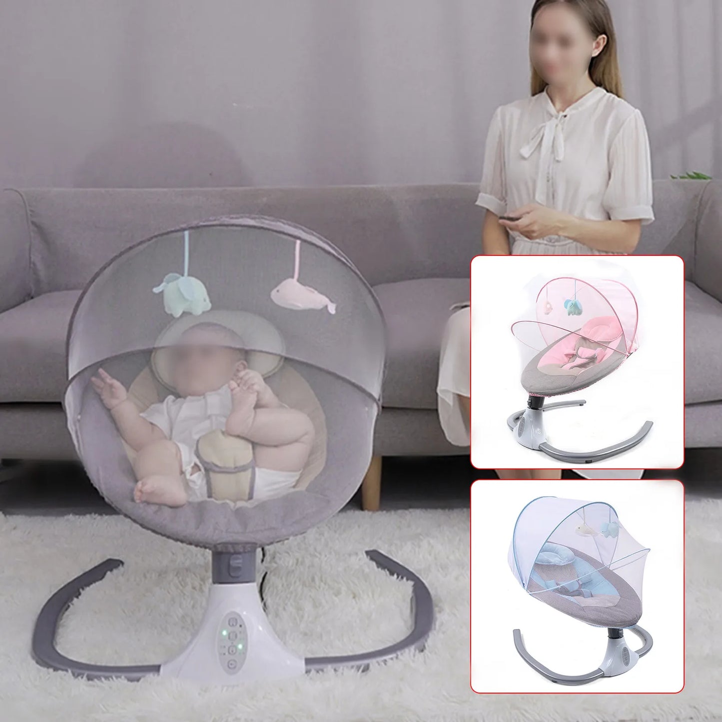 Electric Baby Swing Chair, 0-18 Months Baby Musical Rocking Cradle with Sunshade and Mosquito Net, 4-speed Rocking, with Remote