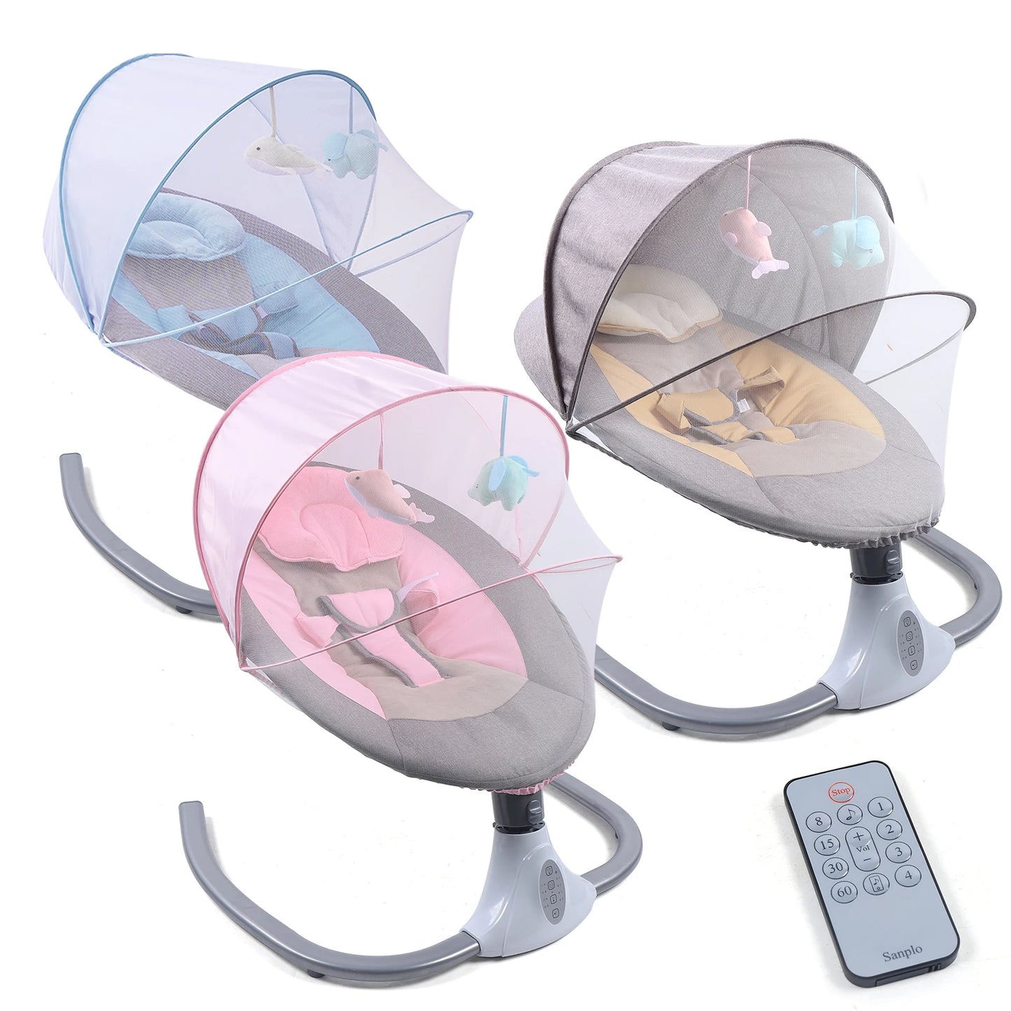 Electric Baby Swing Chair, 0-18 Months Baby Musical Rocking Cradle with Sunshade and Mosquito Net, 4-speed Rocking, with Remote